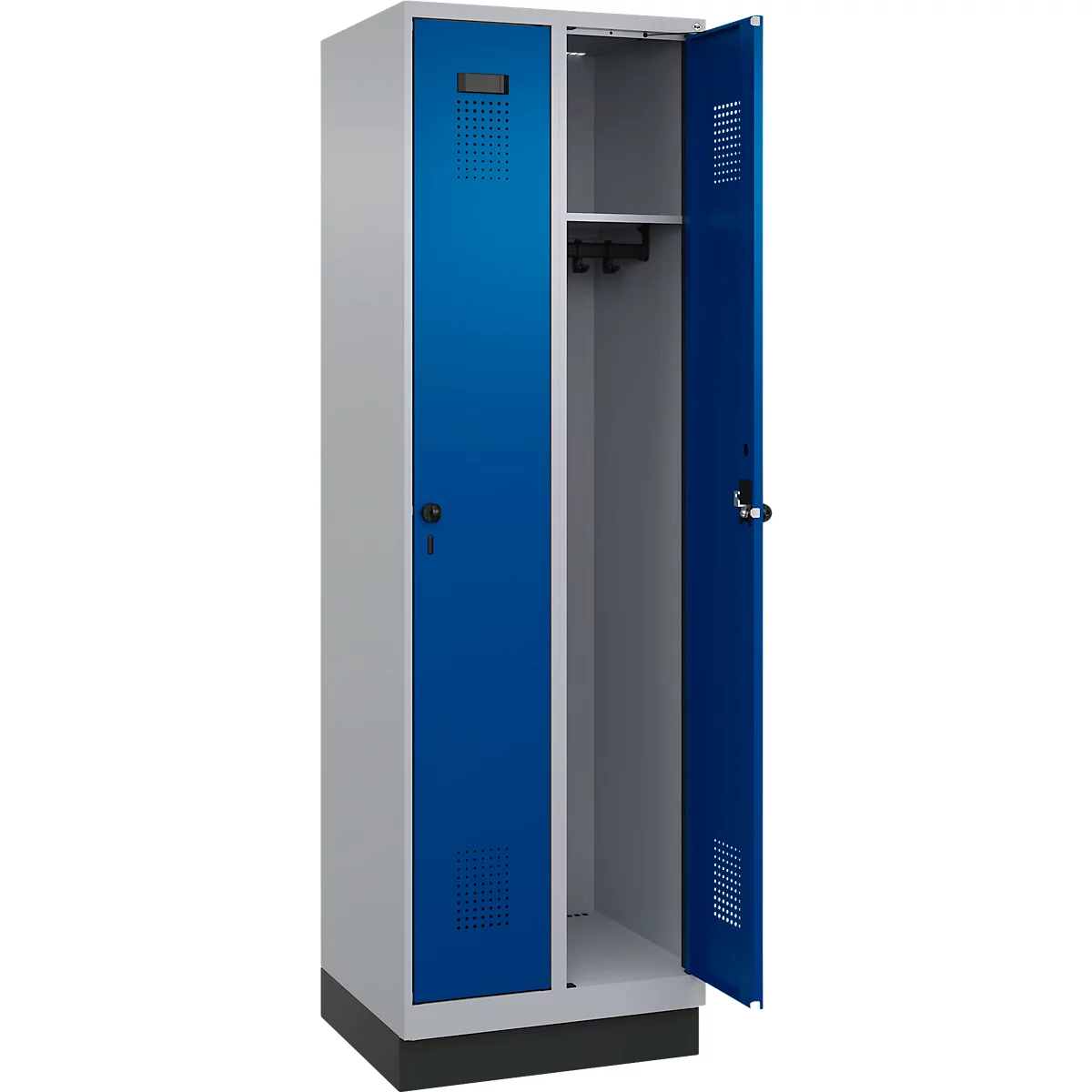Vestiaire C+P Evolo Plus, 2 compartiments, largeur des compartiments 300 mm, avec socle, butée à droite, verrou rotatif de sécurité, butée Soft, anti-effraction, L 600 x P 500 x H 1950 mm, aluminium blanc RAL 9006/bleu enzyme RAL 5010