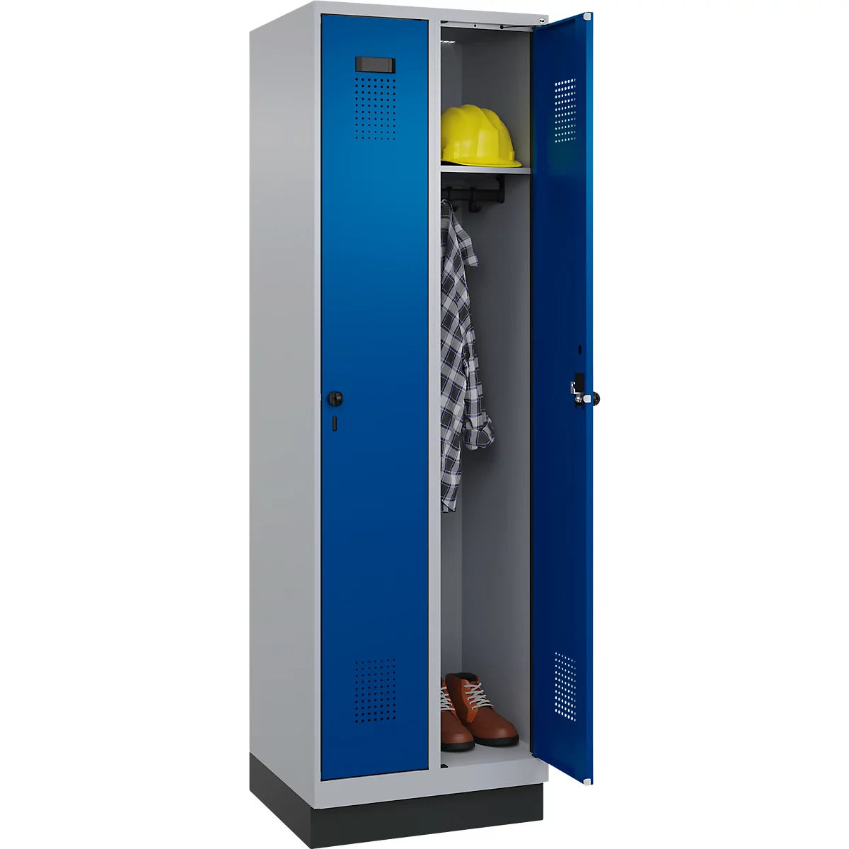 Vestiaire C+P Evolo Plus, 2 compartiments, largeur des compartiments 300 mm, avec socle, butée à droite, verrou rotatif de sécurité, butée Soft, anti-effraction, L 600 x P 500 x H 1950 mm, aluminium blanc RAL 9006/bleu enzyme RAL 5010