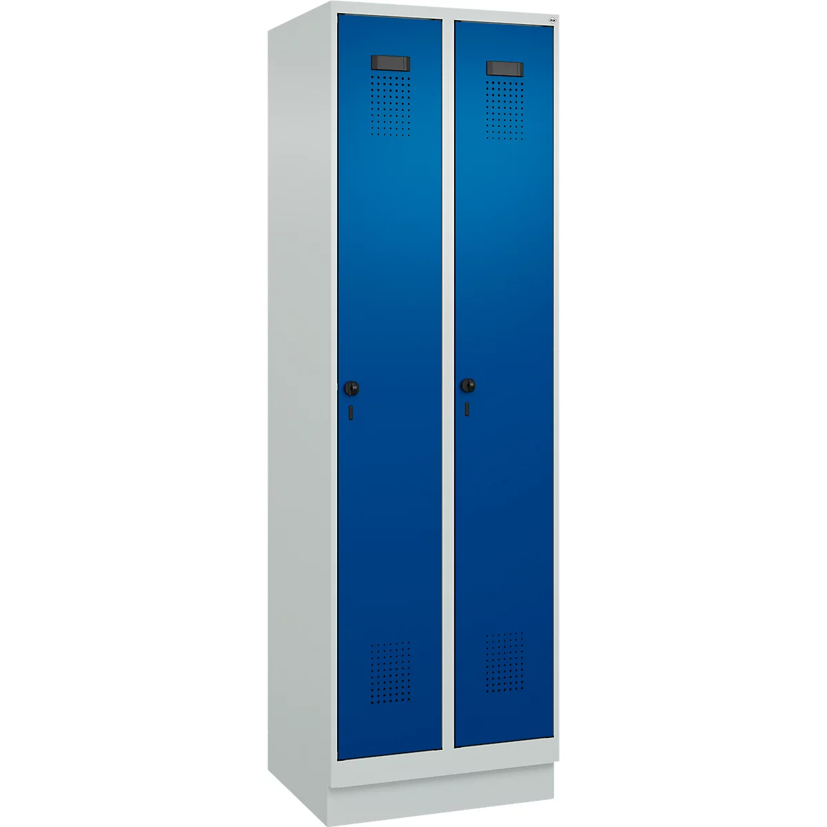 Vestiaire C+P Evolo Plus, 2 compartiments, largeur des compartiments 300 mm, avec socle, butée à droite, verrou rotatif de sécurité, butée soft, anti-effraction, L 600 x P 500 x H 1950 mm, gris clair RAL 7035/bleu gentiane RAL 5010