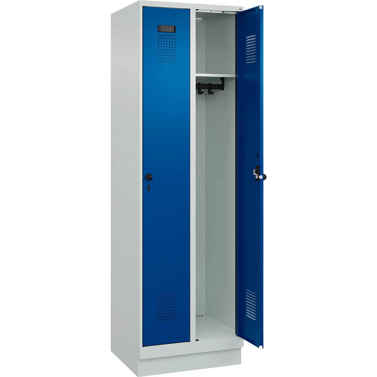 Vestiaire C+P Evolo Plus, 2 compartiments, largeur des compartiments 300 mm, avec socle, butée à droite, verrou rotatif de sécurité, butée soft, anti-effraction, L 600 x P 500 x H 1950 mm, gris clair RAL 7035/bleu gentiane RAL 5010