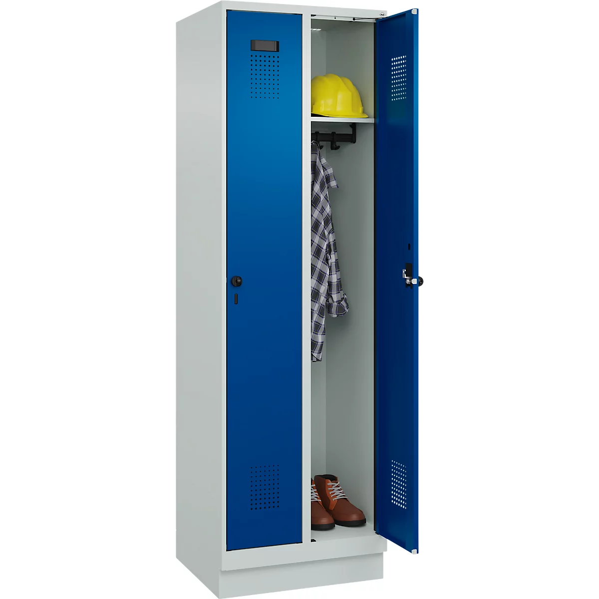 Vestiaire C+P Evolo Plus, 2 compartiments, largeur des compartiments 300 mm, avec socle, butée à droite, verrou rotatif de sécurité, butée soft, anti-effraction, L 600 x P 500 x H 1950 mm, gris clair RAL 7035/bleu gentiane RAL 5010