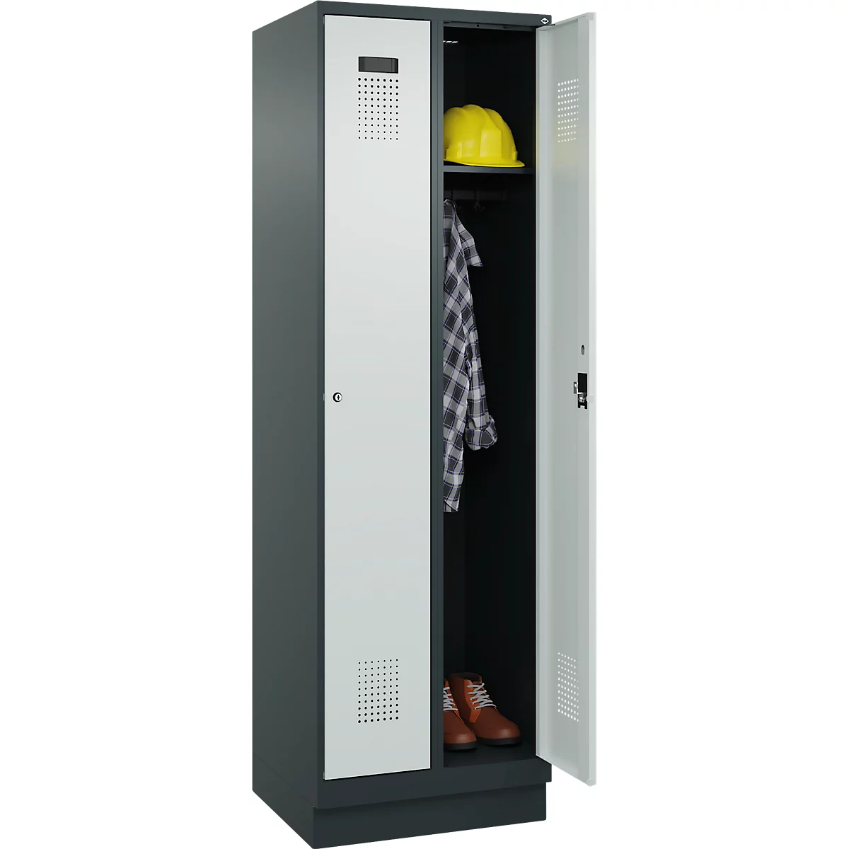 Vestiaire C+P Evolo Plus, 2 compartiments, largeur des compartiments 300 mm, avec socle, butée droite, serrure à cylindre, butée soft, anti-effraction, L 600 x P 500 x H 1950 mm, gris anthracite RAL 7016/gris clair RAL 7035