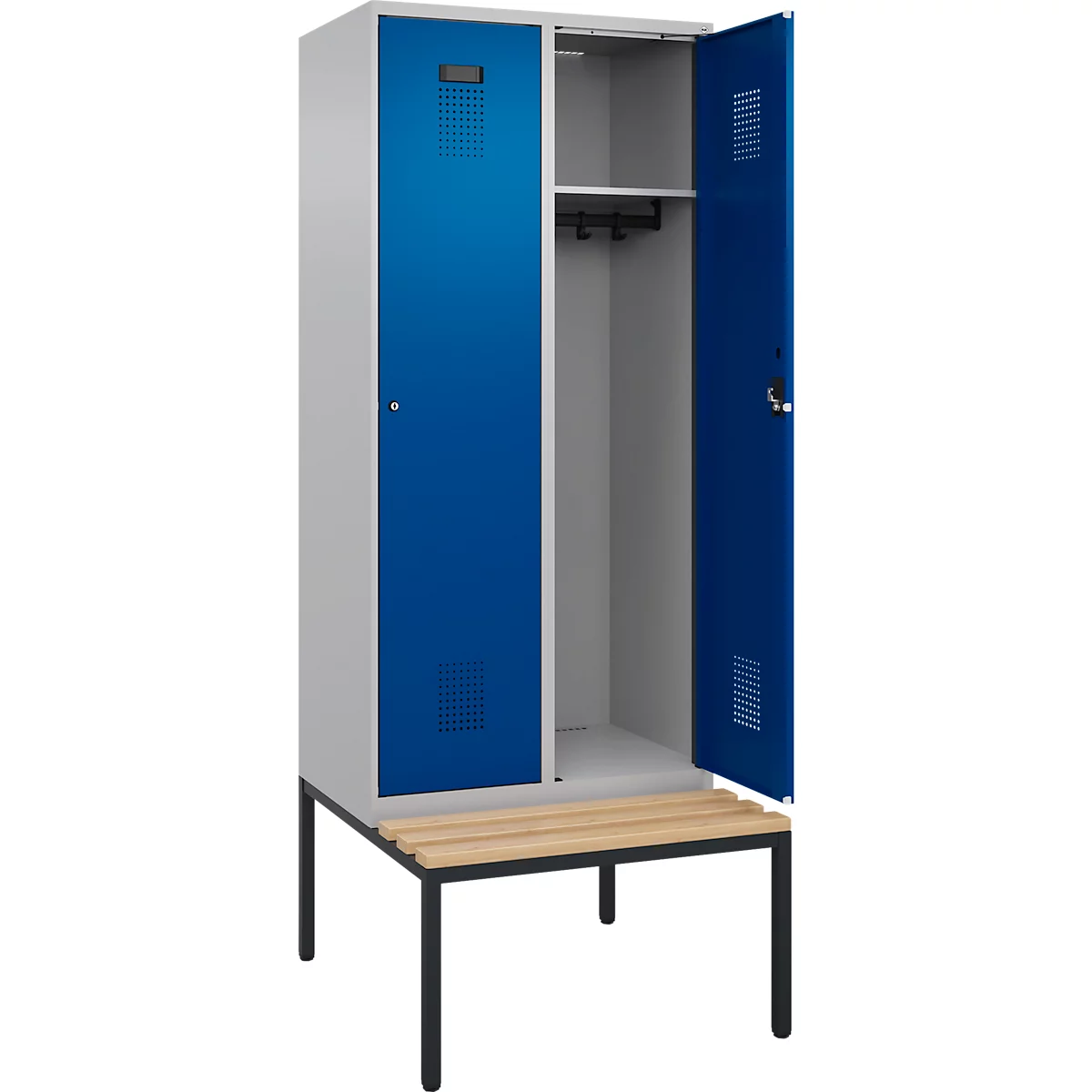 Vestiaire C+P Evolo Plus, 2 compartiments, largeur des compartiments 400 mm, avec banc encastré, L 800 x P 815 x H 2120 mm, cylindre, aluminium blanc/bleu gentiane