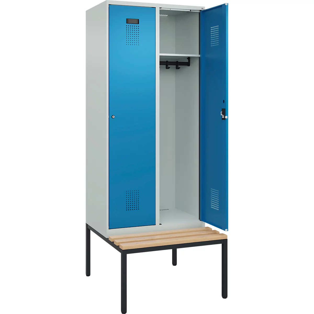 Vestiaire C+P Evolo Plus, 2 compartiments, largeur des compartiments 400 mm, avec banc encastré, L 800 x P 815 x H 2120 mm, cylindre, gris clair/bleu clair