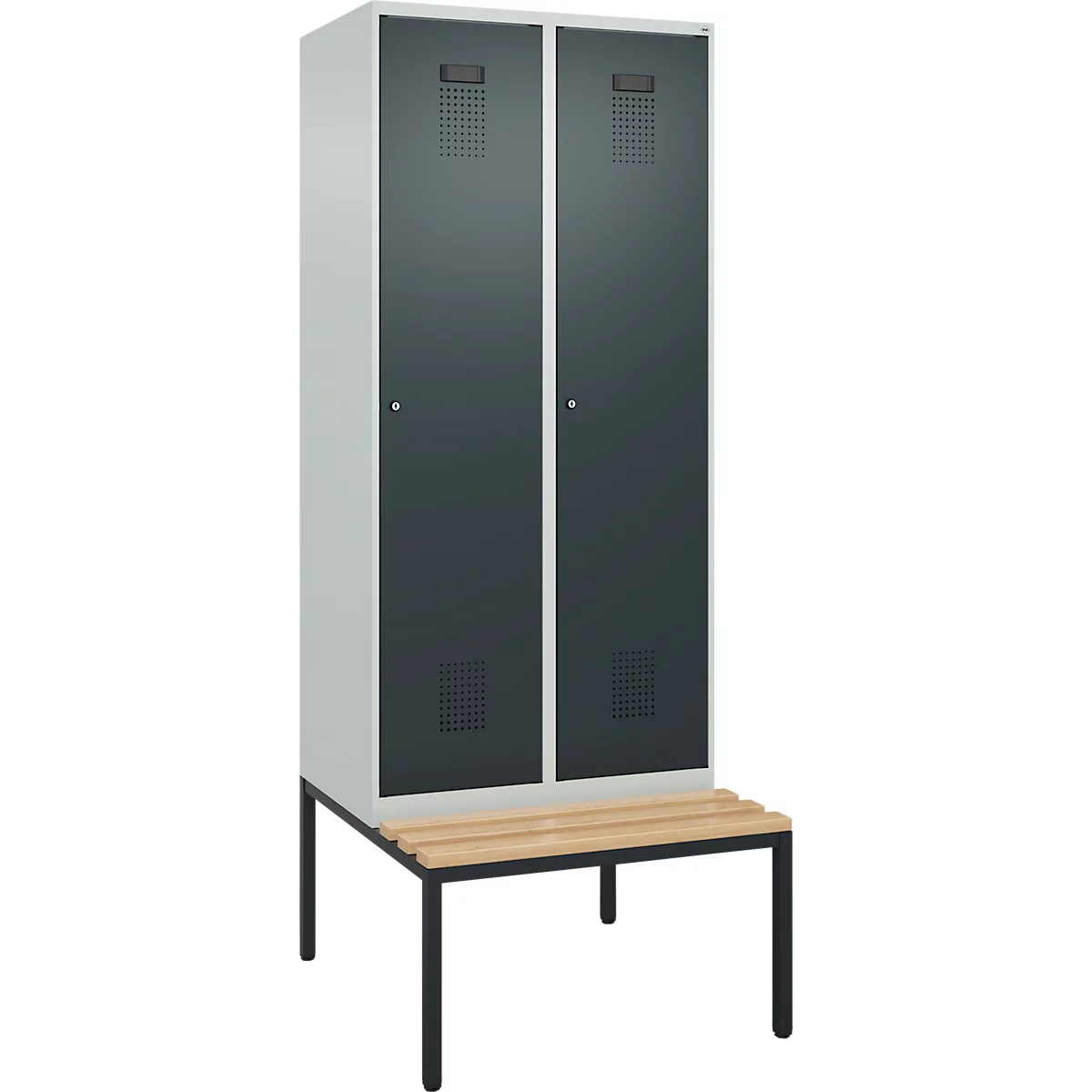 Vestiaire C+P Evolo Plus, 2 compartiments, largeur des compartiments 400 mm, avec banc encastré, L 800 x P 815 x H 2120 mm, cylindre, gris clair/gris anthracite