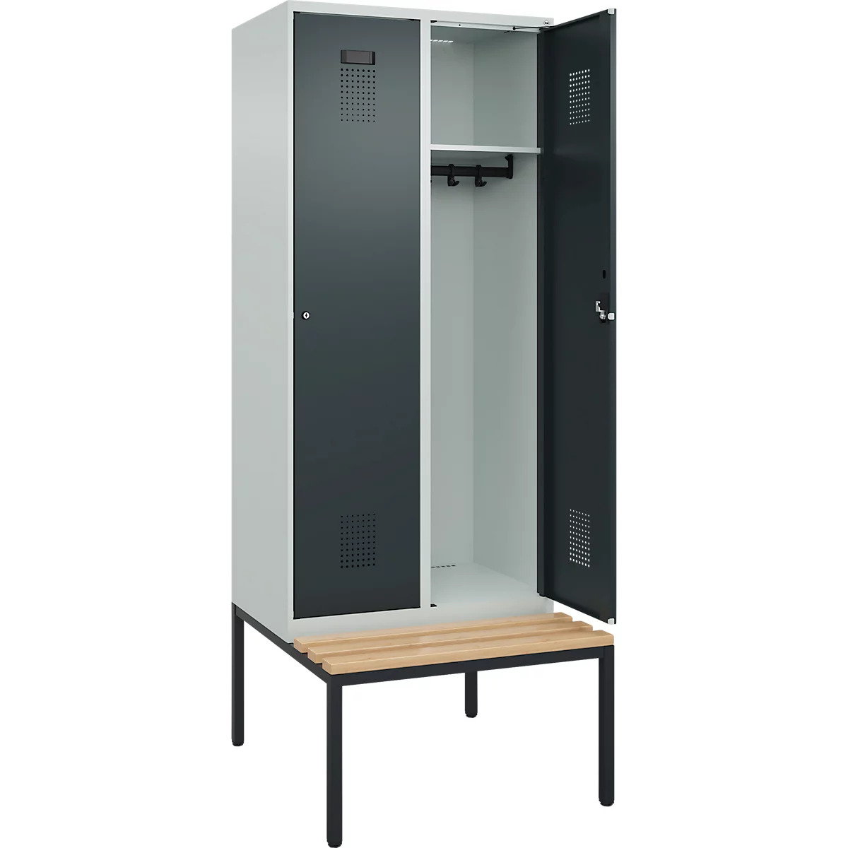 Vestiaire C+P Evolo Plus, 2 compartiments, largeur des compartiments 400 mm, avec banc encastré, L 800 x P 815 x H 2120 mm, cylindre, gris clair/gris anthracite