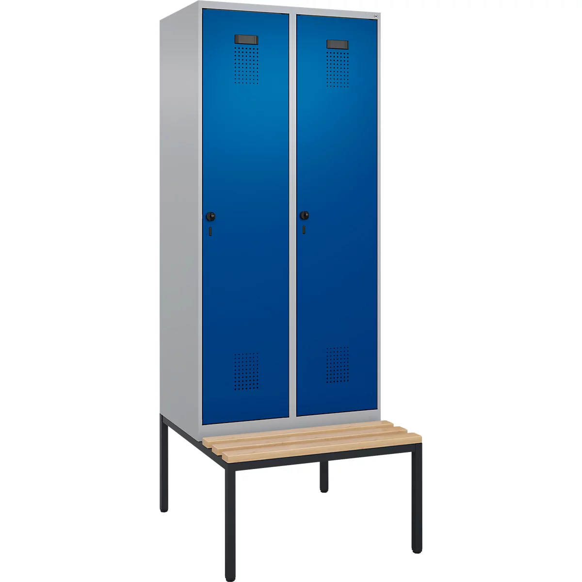 Vestiaire C+P Evolo Plus, 2 compartiments, largeur des compartiments 400 mm, avec banc encastré, L 800 x P 815 x H 2120 mm, verrou rotatif, aluminium blanc/bleu enzyme