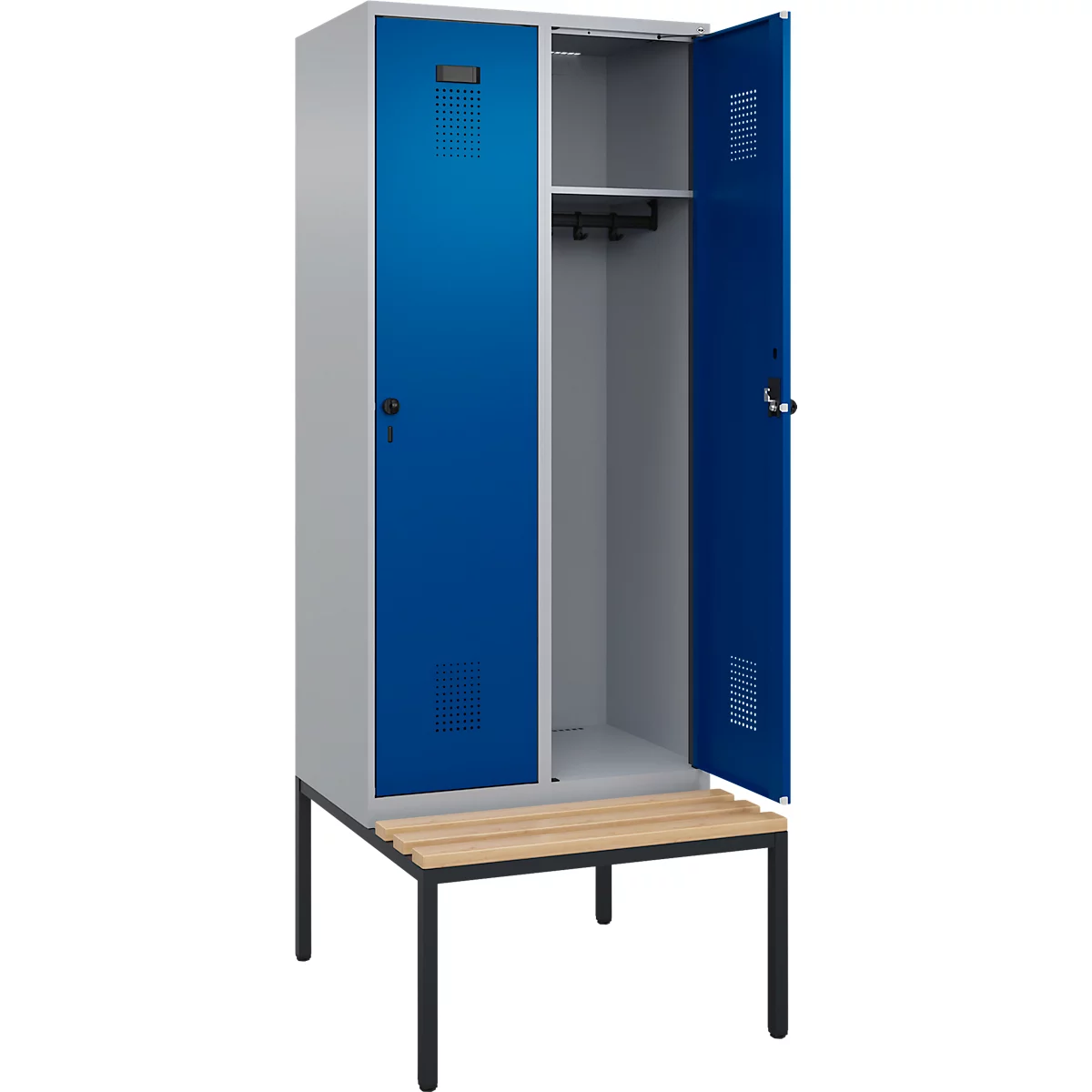 Vestiaire C+P Evolo Plus, 2 compartiments, largeur des compartiments 400 mm, avec banc encastré, L 800 x P 815 x H 2120 mm, verrou rotatif, aluminium blanc/bleu enzyme
