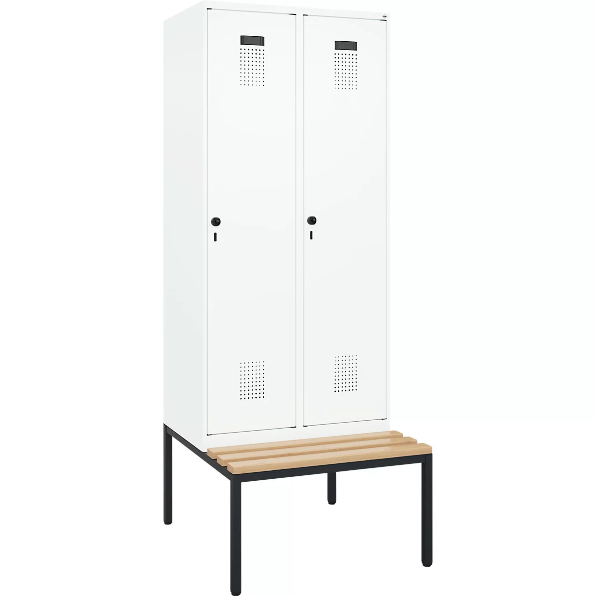 Vestiaire C+P Evolo Plus, 2 compartiments, largeur des compartiments 400 mm, avec banc encastré, L 800 x P 815 x H 2120 mm, verrou rotatif, blanc signalisation/blanc trafic