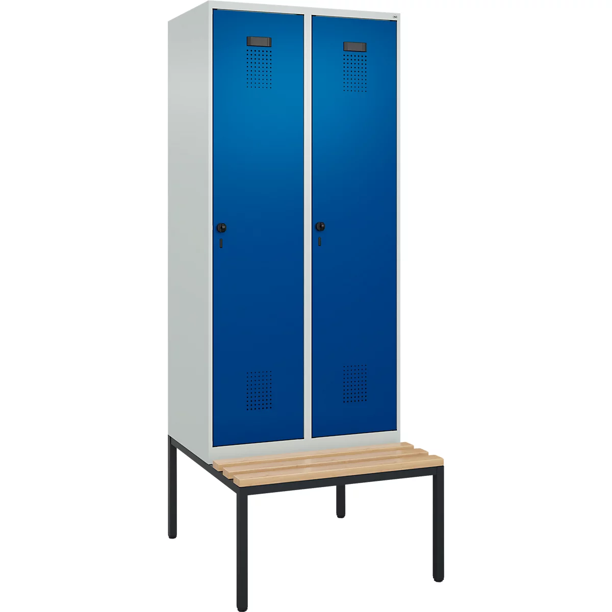 Vestiaire C+P Evolo Plus, 2 compartiments, largeur des compartiments 400 mm, avec banc encastré, L 800 x P 815 x H 2120 mm, verrou rotatif, gris clair/bleu gentiane