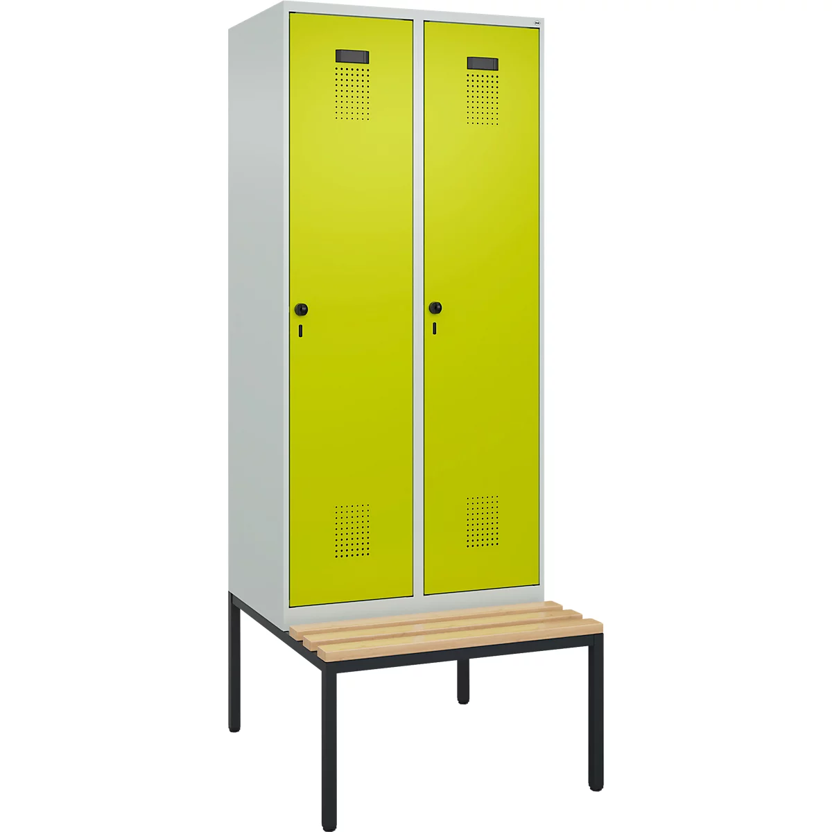 Vestiaire C+P Evolo Plus, 2 compartiments, largeur des compartiments 400 mm, avec banc encastré, L 800 x P 815 x H 2120 mm, verrou rotatif, gris clair/vert clown