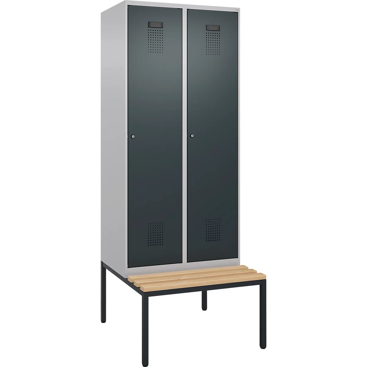 Vestiaire C+P Evolo Plus, 2 compartiments, largeur des compartiments 400 mm, avec banquette encastrée, L 800 x P 815 x H 2120 mm, cylindre, aluminium blanc/gris anthracite