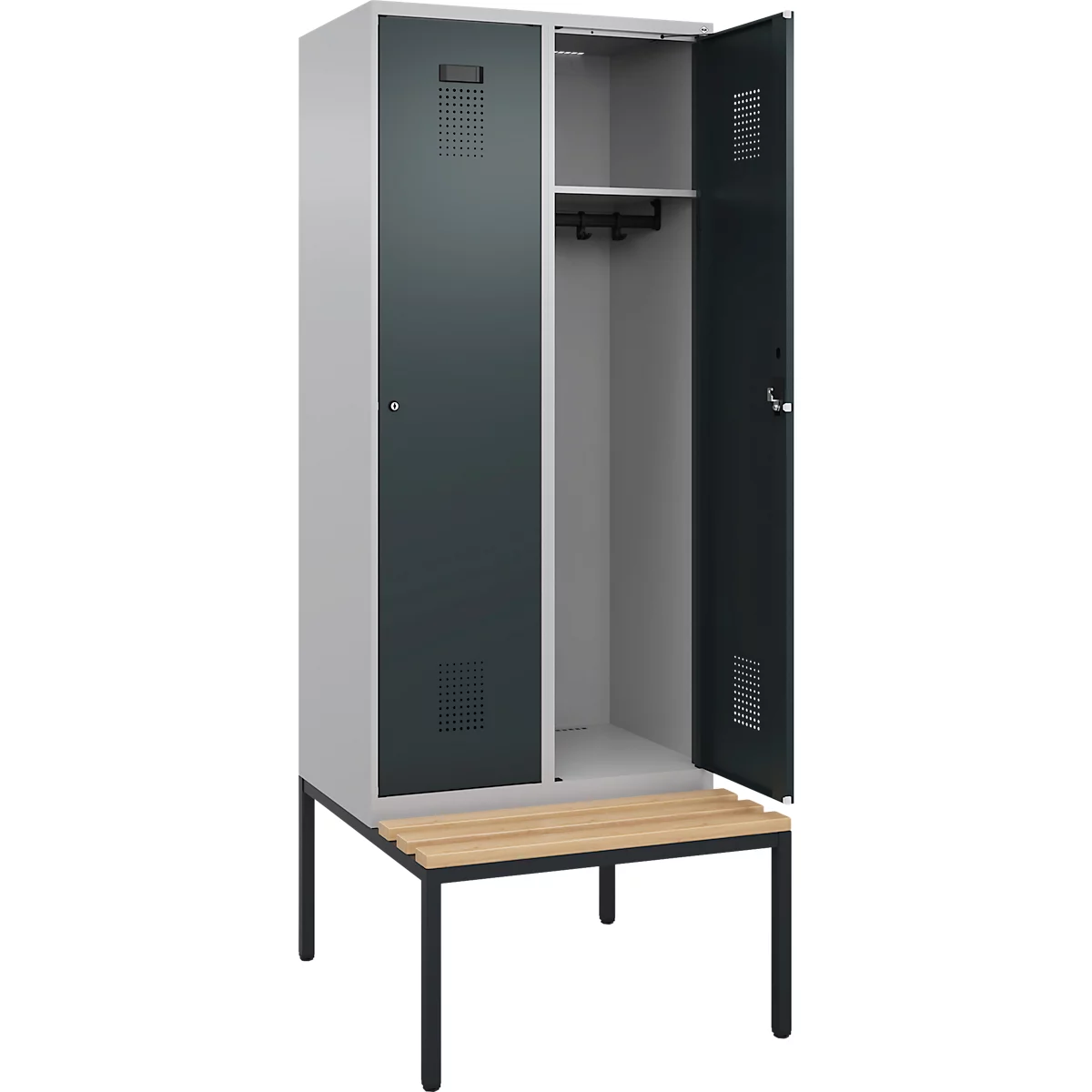 Vestiaire C+P Evolo Plus, 2 compartiments, largeur des compartiments 400 mm, avec banquette encastrée, L 800 x P 815 x H 2120 mm, cylindre, aluminium blanc/gris anthracite