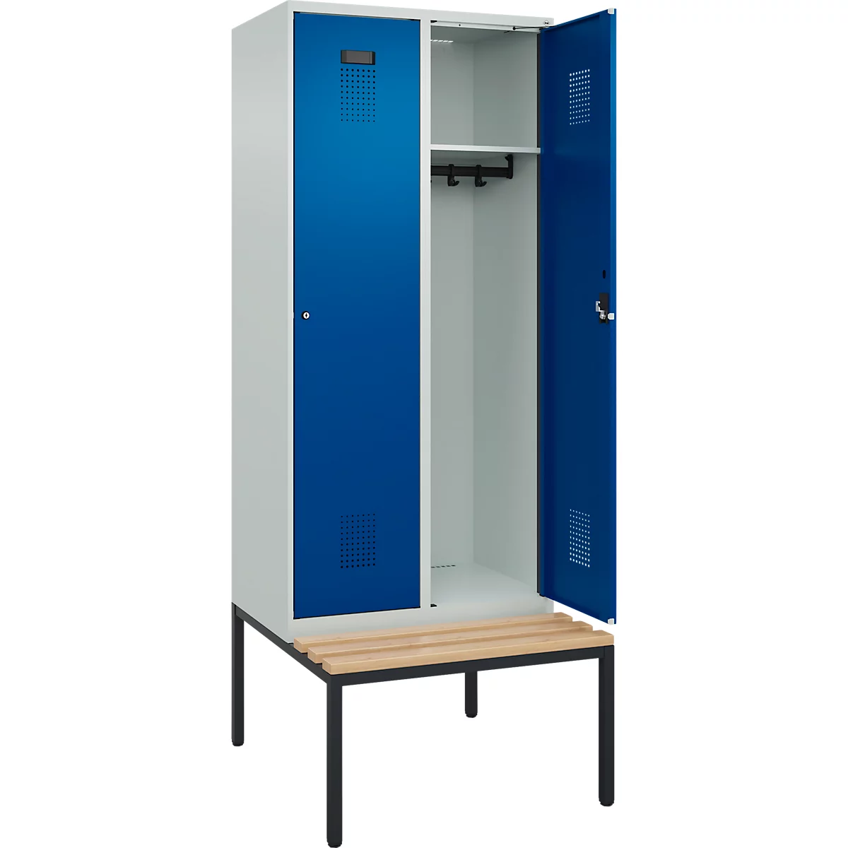 Vestiaire C+P Evolo Plus, 2 compartiments, largeur des compartiments 400 mm, avec banquette encastrée, L 800 x P 815 x H 2120 mm, cylindre, gris clair/bleu gentiane