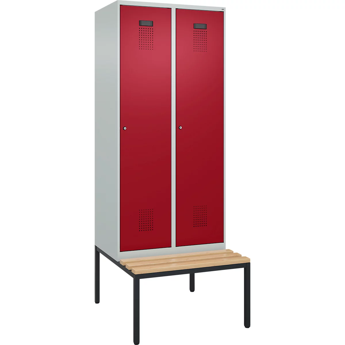 Vestiaire C+P Evolo Plus, 2 compartiments, largeur des compartiments 400 mm, avec banquette encastrée, L 800 x P 815 x H 2120 mm, cylindre, gris clair/rouge rubis