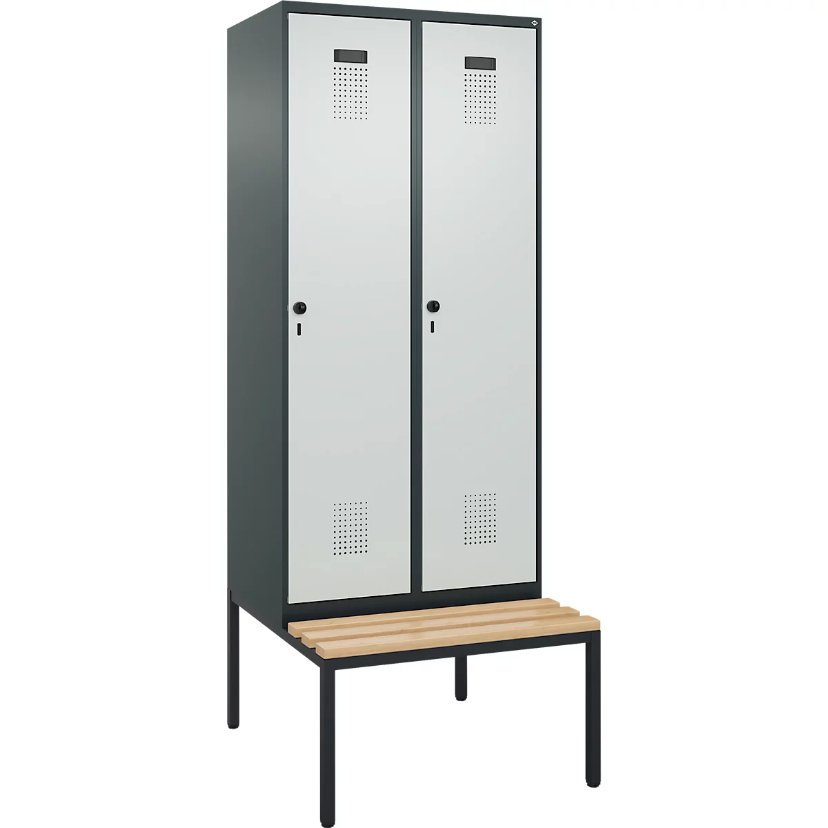 Vestiaire C+P Evolo Plus, 2 compartiments, largeur des compartiments 400 mm, avec banquette encastrée, L 800 x P 815 x H 2120 mm, loquet rotatif, gris anthracite/gris clair