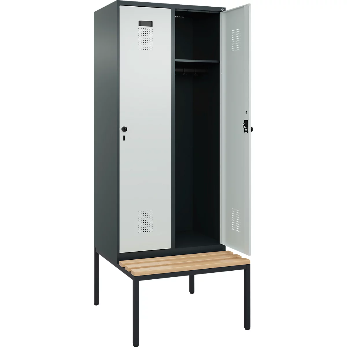 Vestiaire C+P Evolo Plus, 2 compartiments, largeur des compartiments 400 mm, avec banquette encastrée, L 800 x P 815 x H 2120 mm, loquet rotatif, gris anthracite/gris clair