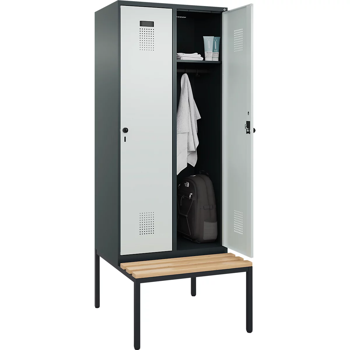 Vestiaire C+P Evolo Plus, 2 compartiments, largeur des compartiments 400 mm, avec banquette encastrée, L 800 x P 815 x H 2120 mm, loquet rotatif, gris anthracite/gris clair