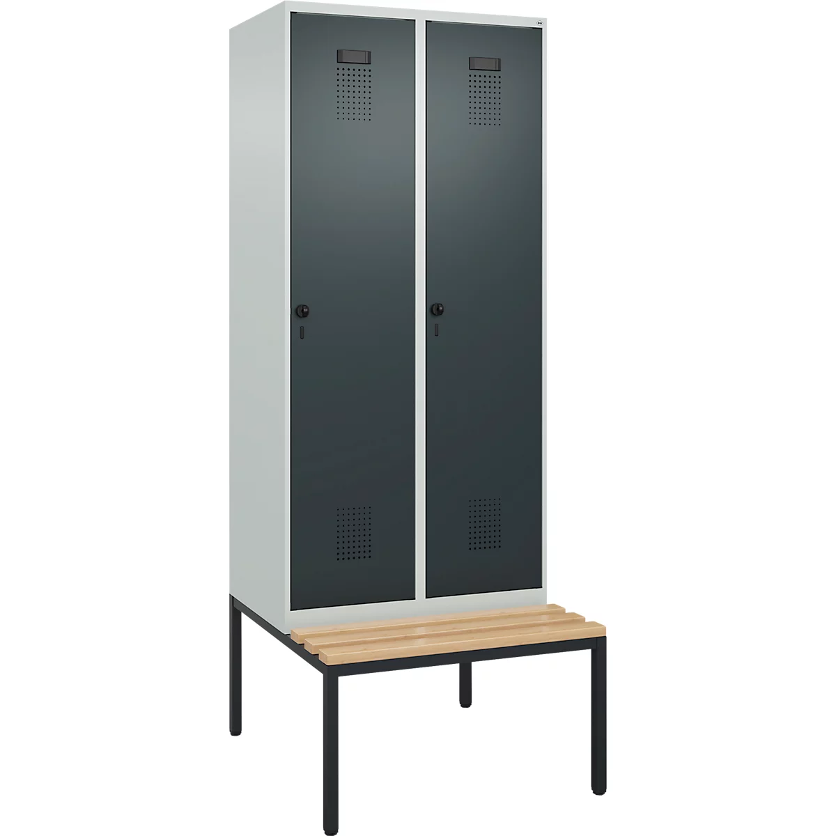 Vestiaire C+P Evolo Plus, 2 compartiments, largeur des compartiments 400 mm, avec banquette encastrée, L 800 x P 815 x H 2120 mm, loquet rotatif, gris clair/gris anthracite