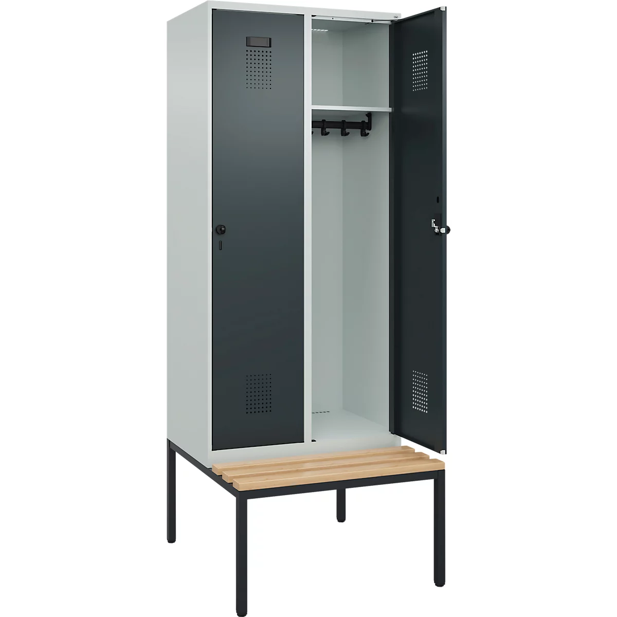 Vestiaire C+P Evolo Plus, 2 compartiments, largeur des compartiments 400 mm, avec banquette encastrée, L 800 x P 815 x H 2120 mm, loquet rotatif, gris clair/gris anthracite
