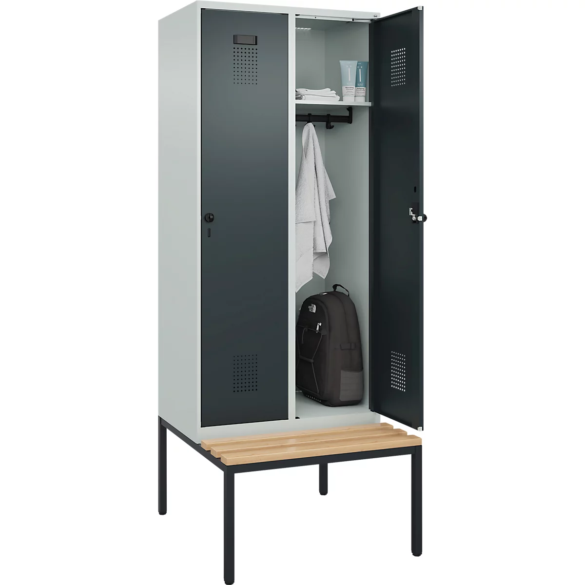 Vestiaire C+P Evolo Plus, 2 compartiments, largeur des compartiments 400 mm, avec banquette encastrée, L 800 x P 815 x H 2120 mm, loquet rotatif, gris clair/gris anthracite