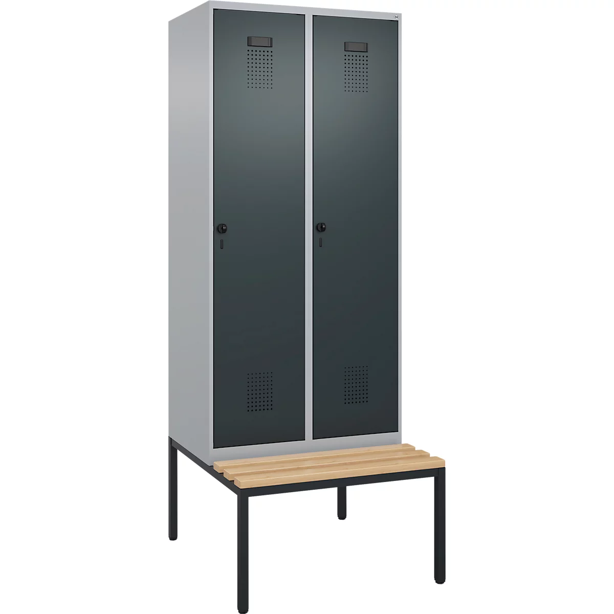 Vestiaire C+P Evolo Plus, 2 compartiments, largeur des compartiments 400 mm, avec banquette encastrée, L 800 x P 815 x H 2120 mm, verrou rotatif, blanc aluminium/gris anthracite
