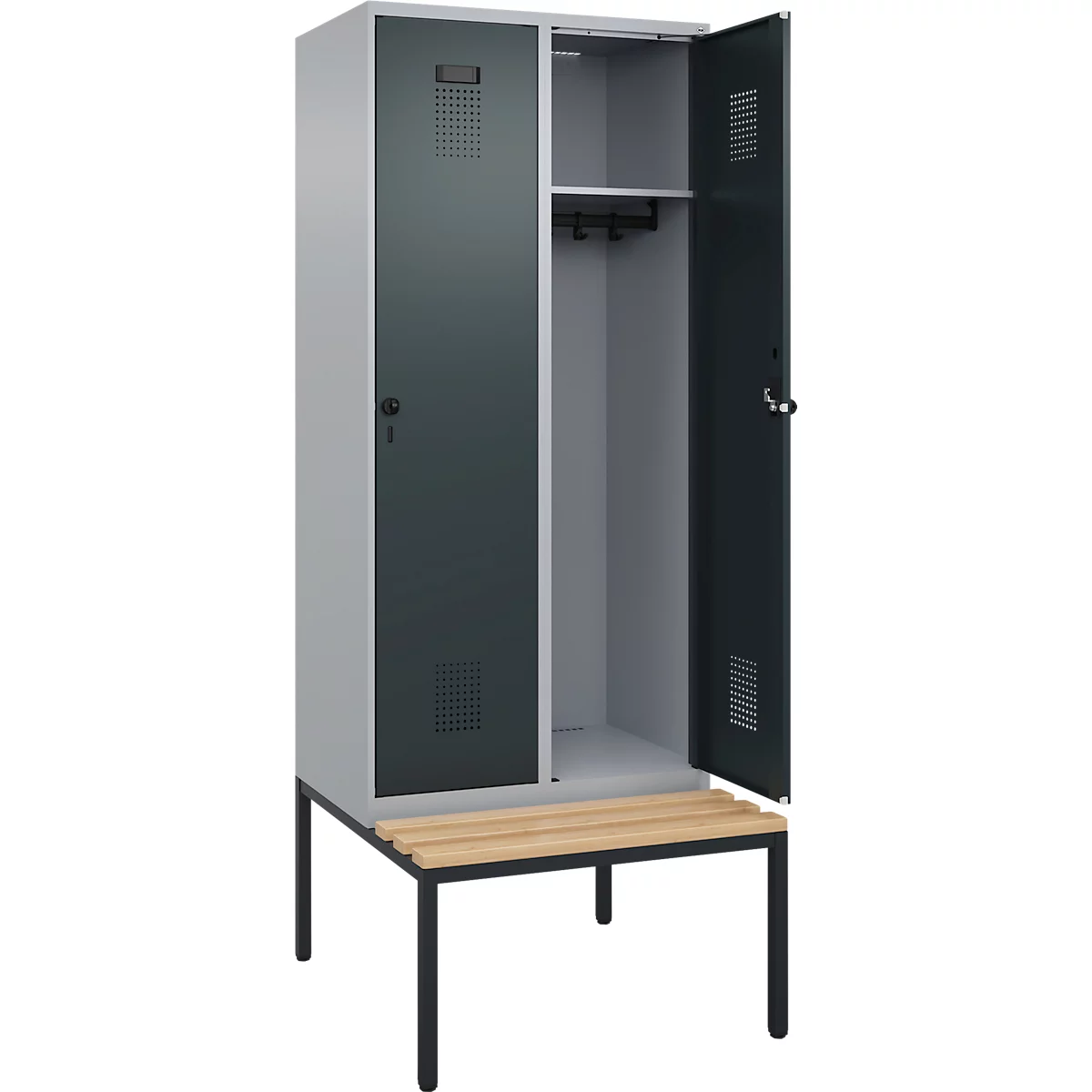 Vestiaire C+P Evolo Plus, 2 compartiments, largeur des compartiments 400 mm, avec banquette encastrée, L 800 x P 815 x H 2120 mm, verrou rotatif, blanc aluminium/gris anthracite