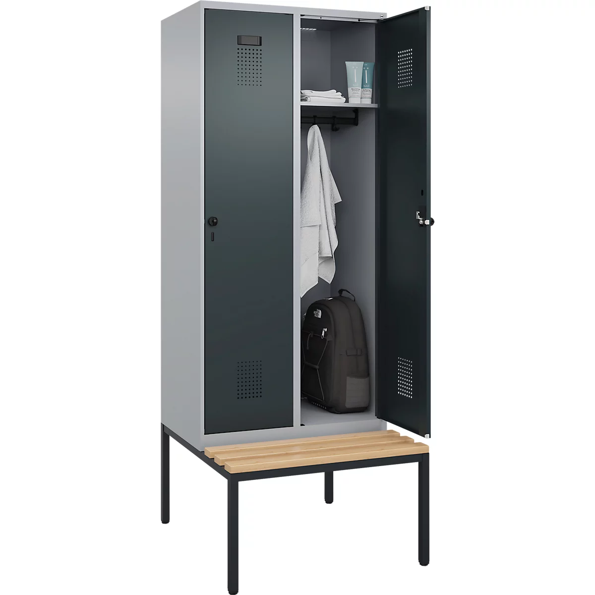 Vestiaire C+P Evolo Plus, 2 compartiments, largeur des compartiments 400 mm, avec banquette encastrée, L 800 x P 815 x H 2120 mm, verrou rotatif, blanc aluminium/gris anthracite