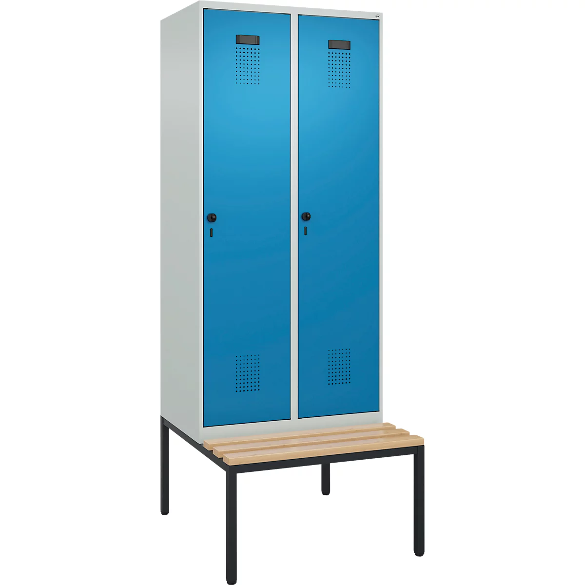 Vestiaire C+P Evolo Plus, 2 compartiments, largeur des compartiments 400 mm, avec banquette encastrée, L 800 x P 815 x H 2120 mm, verrou rotatif, gris clair/bleu clair