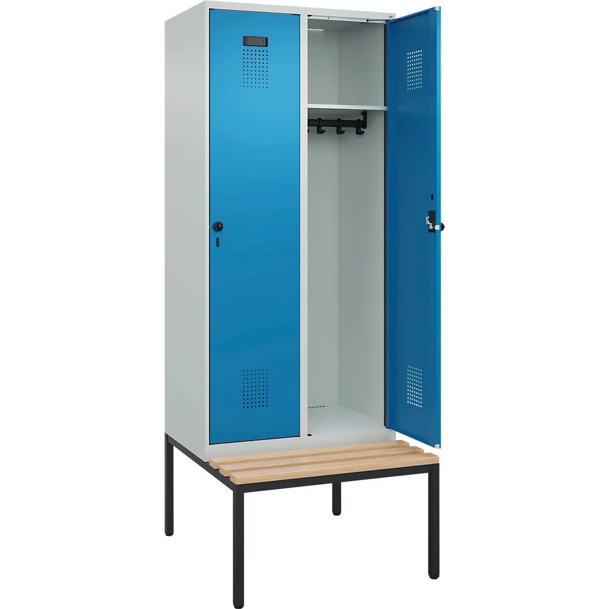 Vestiaire C+P Evolo Plus, 2 compartiments, largeur des compartiments 400 mm, avec banquette encastrée, L 800 x P 815 x H 2120 mm, verrou rotatif, gris clair/bleu clair