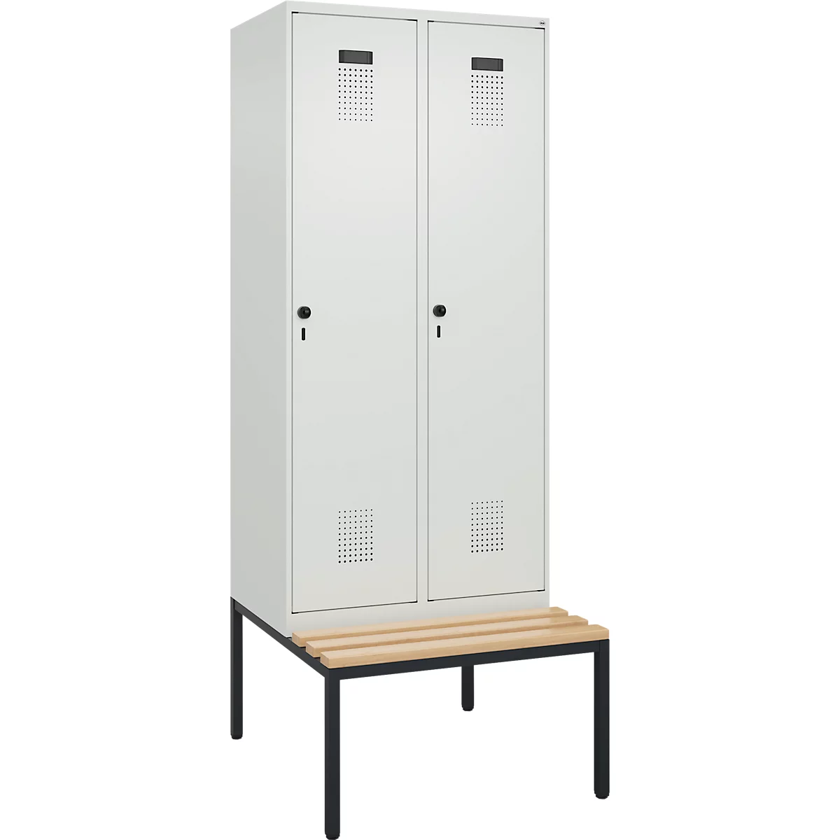 Vestiaire C+P Evolo Plus, 2 compartiments, largeur des compartiments 400 mm, avec banquette encastrée, L 800 x P 815 x H 2120 mm, verrou rotatif, gris clair/gris clair