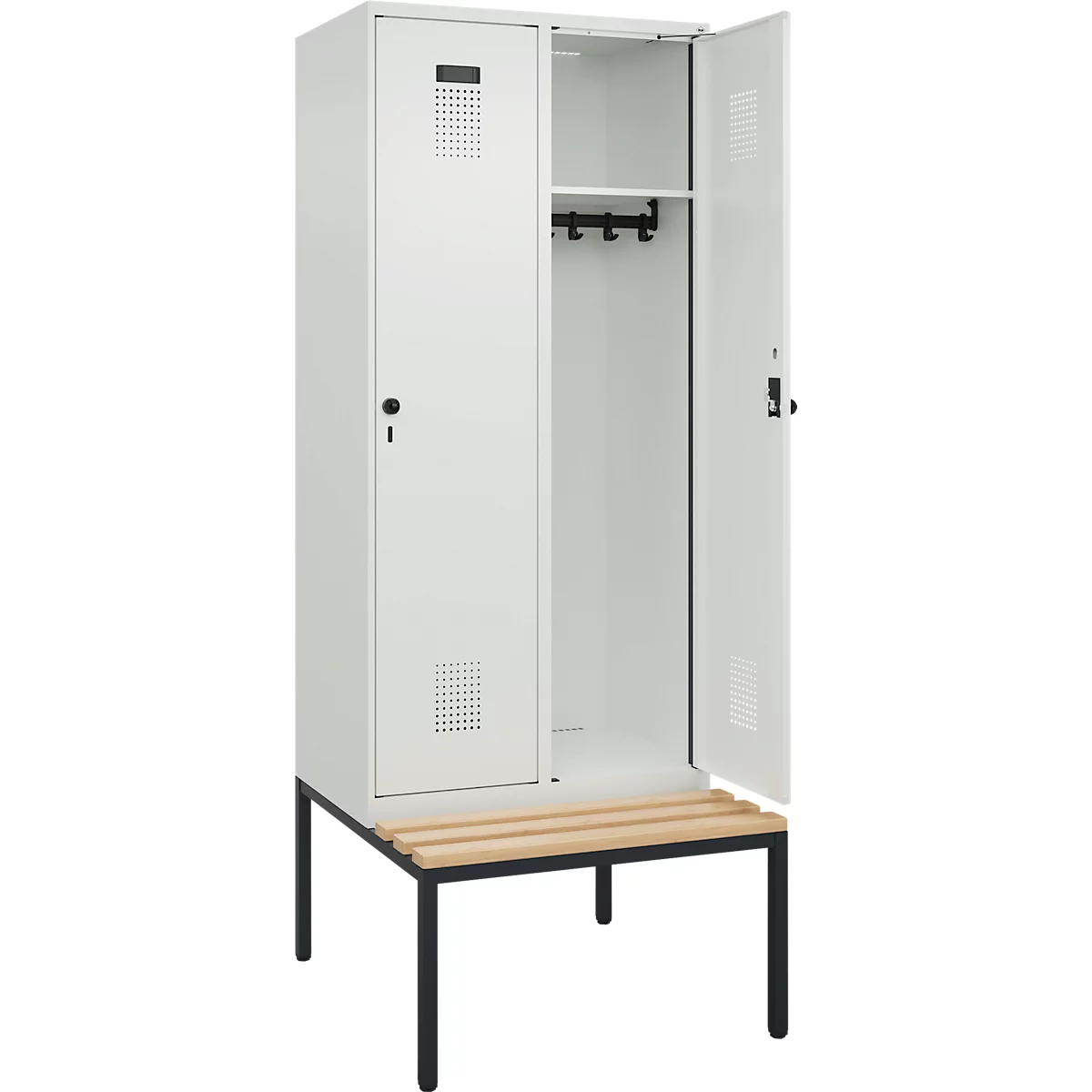 Vestiaire C+P Evolo Plus, 2 compartiments, largeur des compartiments 400 mm, avec banquette encastrée, L 800 x P 815 x H 2120 mm, verrou rotatif, gris clair/gris clair