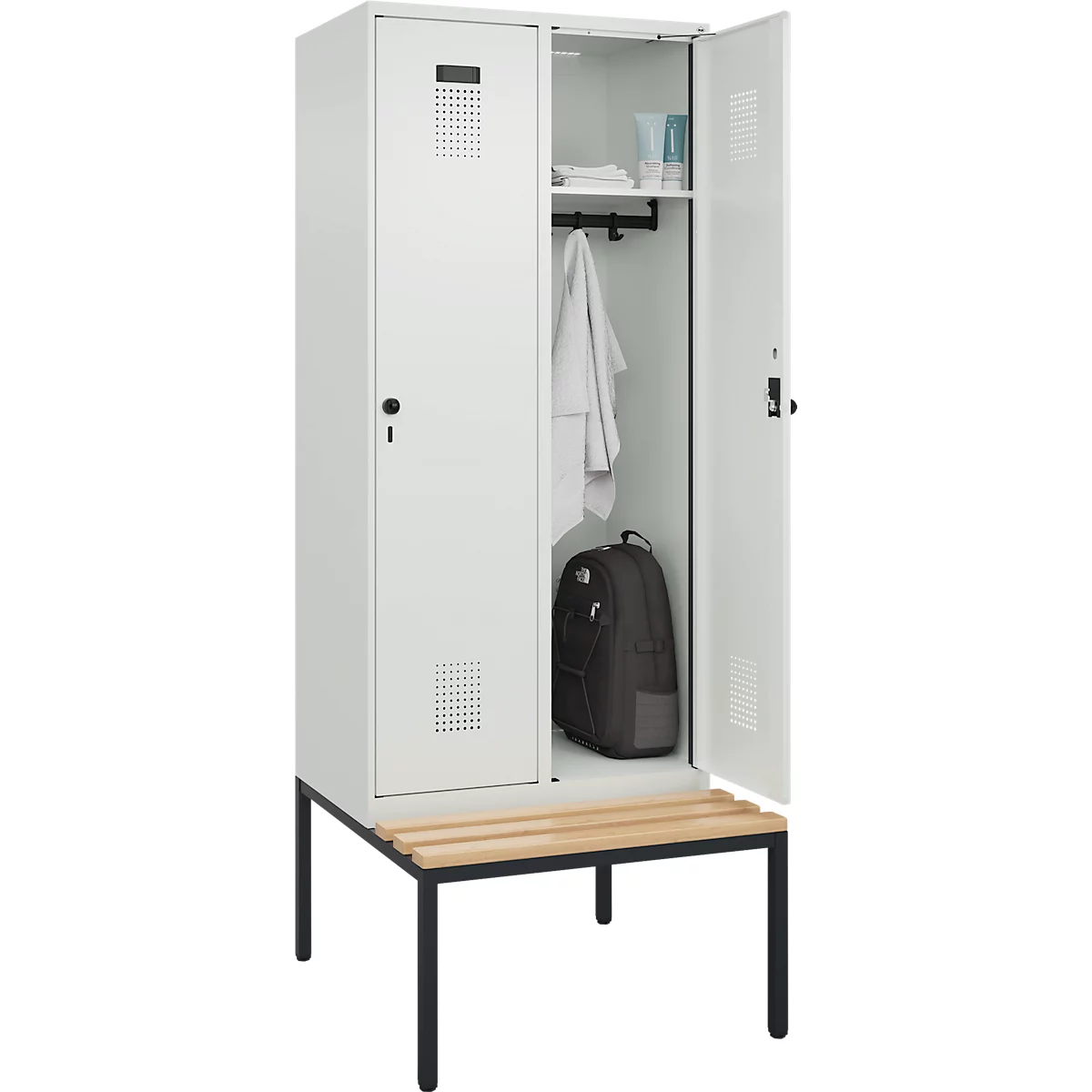 Vestiaire C+P Evolo Plus, 2 compartiments, largeur des compartiments 400 mm, avec banquette encastrée, L 800 x P 815 x H 2120 mm, verrou rotatif, gris clair/gris clair