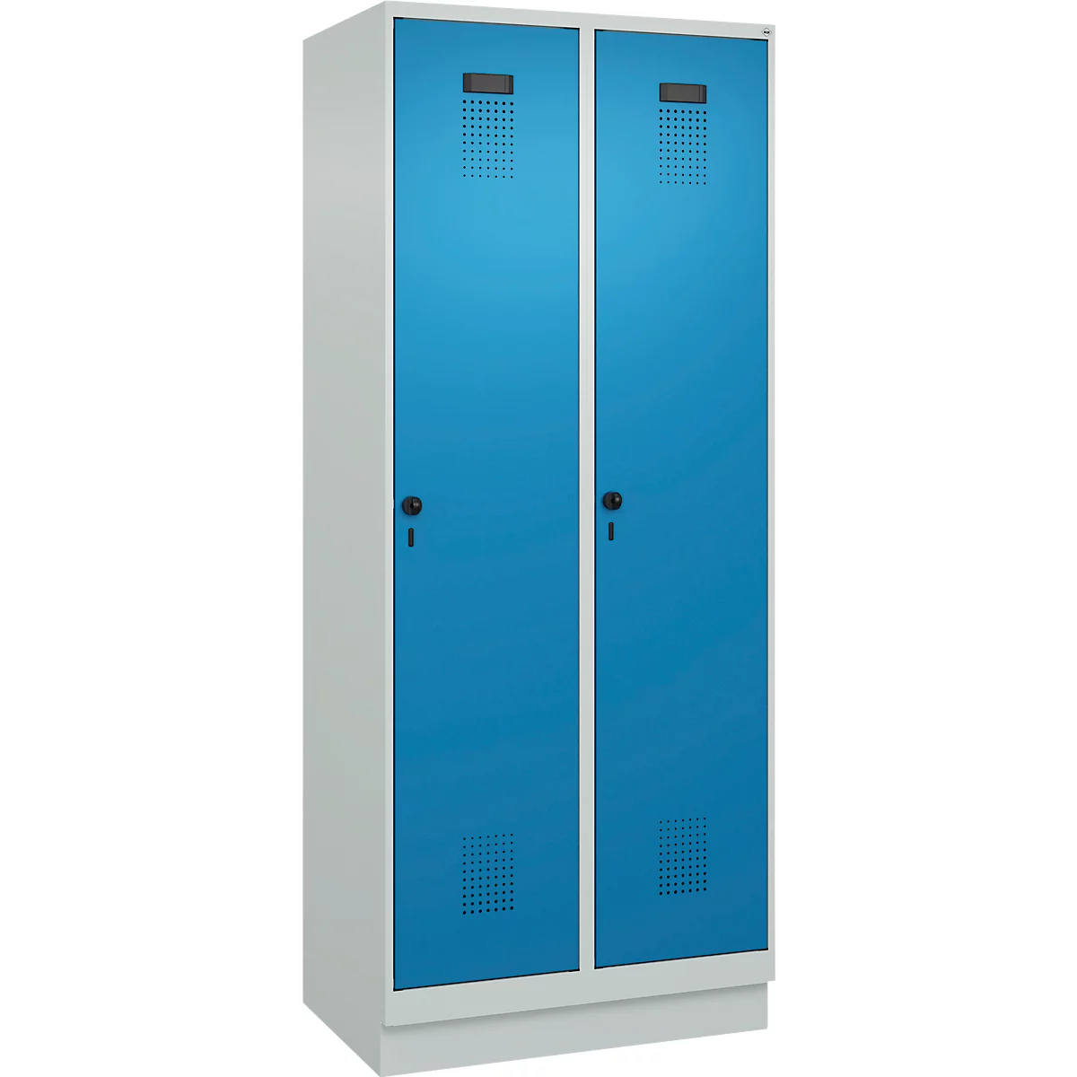 Vestiaire C+P Evolo Plus, 2 compartiments, largeur des compartiments 400 mm, avec socle, charnières à droite, L 800 x P 500 x H 1950 mm, verrou rotatif, gris clair/bleu clair