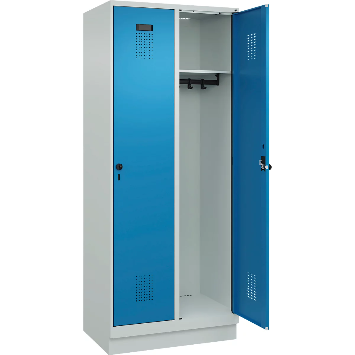 Vestiaire C+P Evolo Plus, 2 compartiments, largeur des compartiments 400 mm, avec socle, charnières à droite, L 800 x P 500 x H 1950 mm, verrou rotatif, gris clair/bleu clair