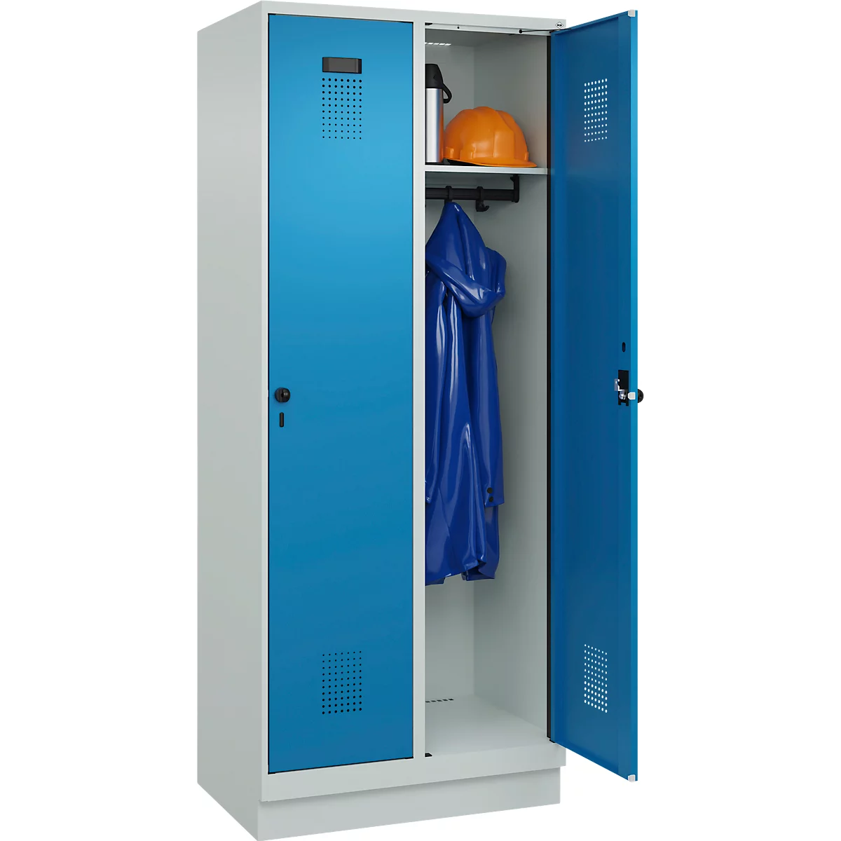Vestiaire C+P Evolo Plus, 2 compartiments, largeur des compartiments 400 mm, avec socle, charnières à droite, L 800 x P 500 x H 1950 mm, verrou rotatif, gris clair/bleu clair