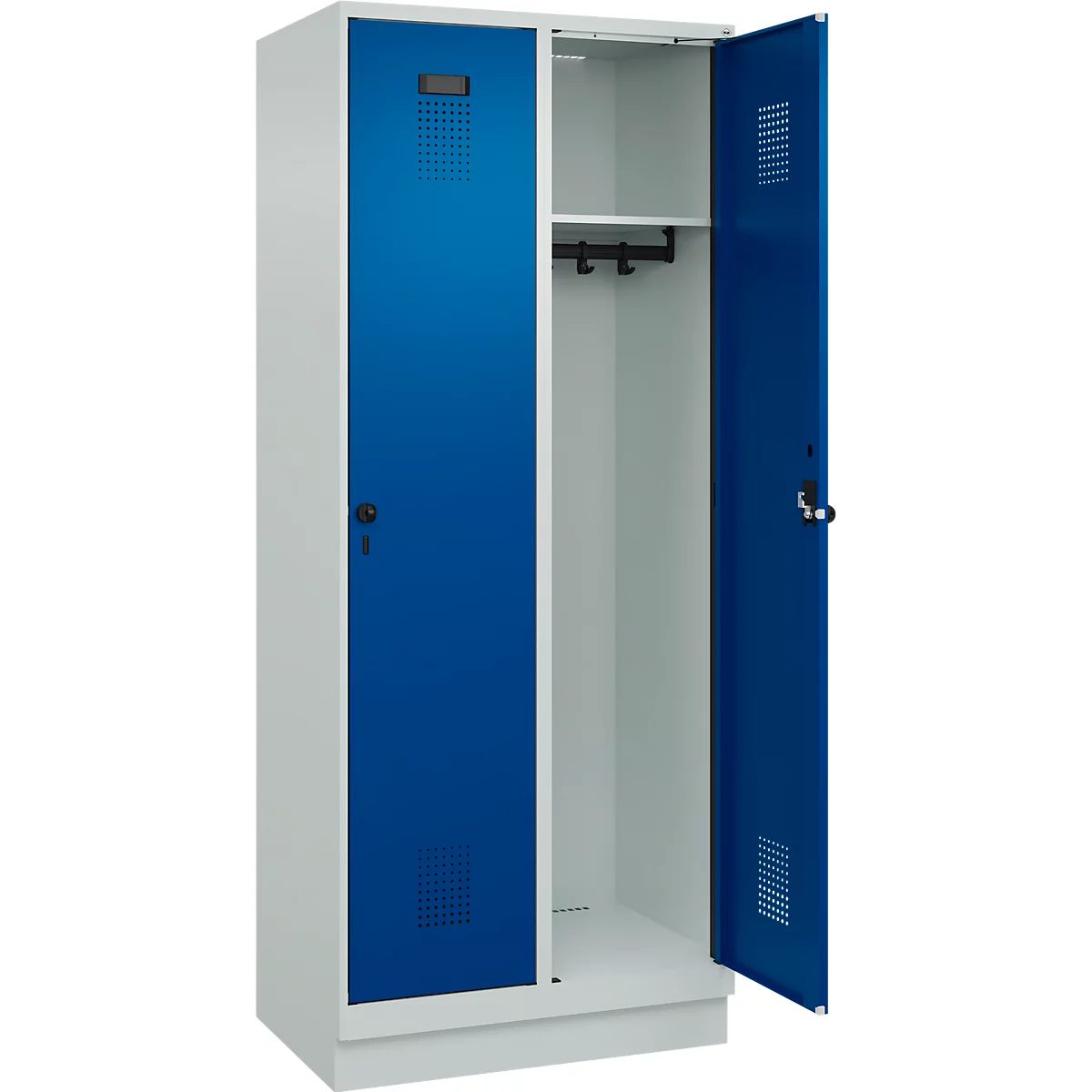 Vestiaire C+P Evolo Plus, 2 compartiments, largeur des compartiments 400 mm, avec socle, charnières à droite, L 800 x P 500 x H 1950 mm, verrou rotatif, gris clair/bleu gentiane