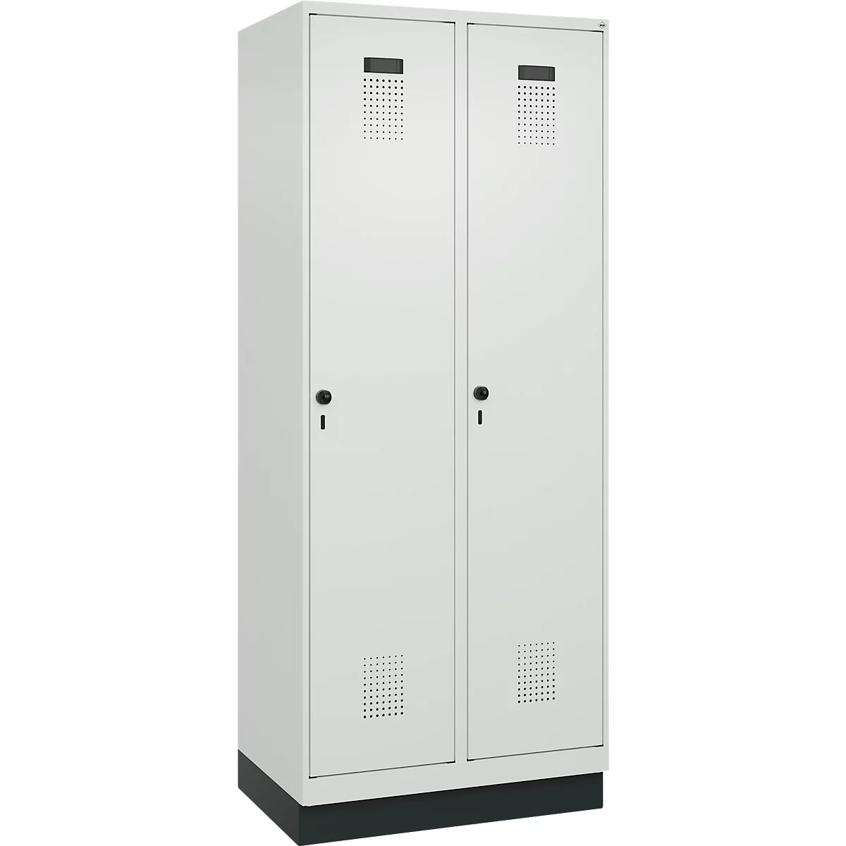 Vestiaire C+P Evolo Plus, 2 compartiments, largeur des compartiments 400 mm, avec socle, charnières à droite, L 800 x P 500 x H 1950 mm, verrou rotatif, gris clair/gris clair
