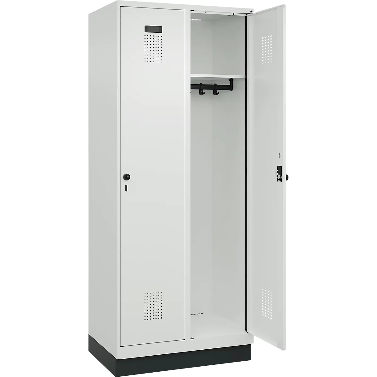 Vestiaire C+P Evolo Plus, 2 compartiments, largeur des compartiments 400 mm, avec socle, charnières à droite, L 800 x P 500 x H 1950 mm, verrou rotatif, gris clair/gris clair