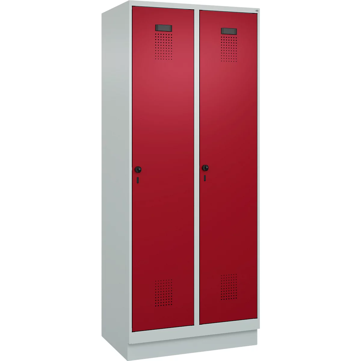 Vestiaire C+P Evolo Plus, 2 compartiments, largeur des compartiments 400 mm, avec socle, charnières à droite, L 800 x P 500 x H 1950 mm, verrou rotatif, gris clair/rouge rubis