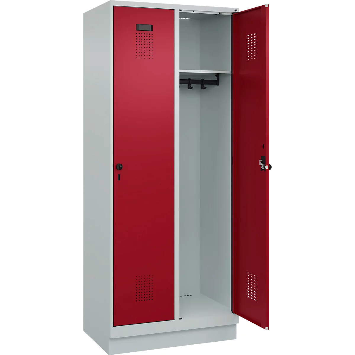 Vestiaire C+P Evolo Plus, 2 compartiments, largeur des compartiments 400 mm, avec socle, charnières à droite, L 800 x P 500 x H 1950 mm, verrou rotatif, gris clair/rouge rubis