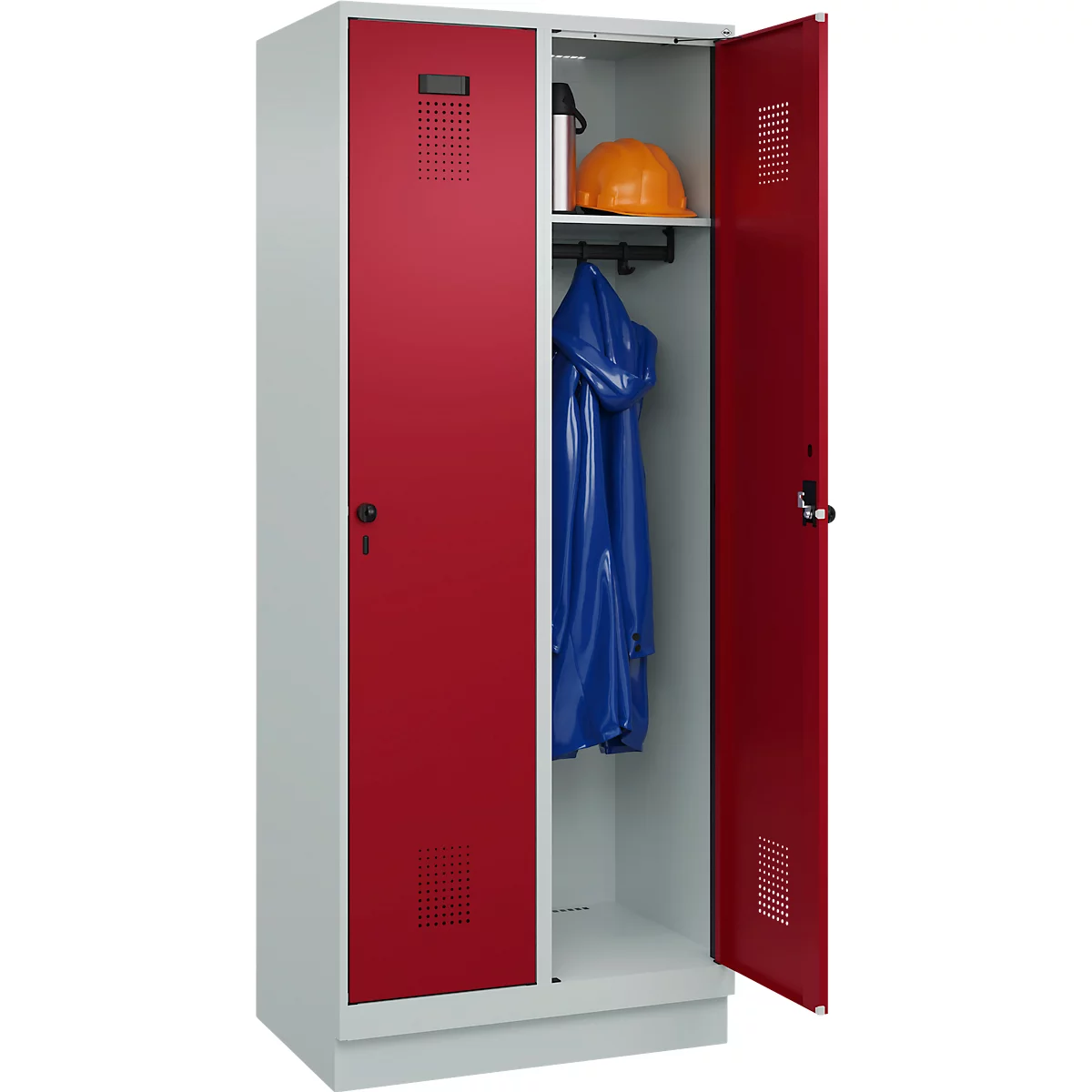 Vestiaire C+P Evolo Plus, 2 compartiments, largeur des compartiments 400 mm, avec socle, charnières à droite, L 800 x P 500 x H 1950 mm, verrou rotatif, gris clair/rouge rubis
