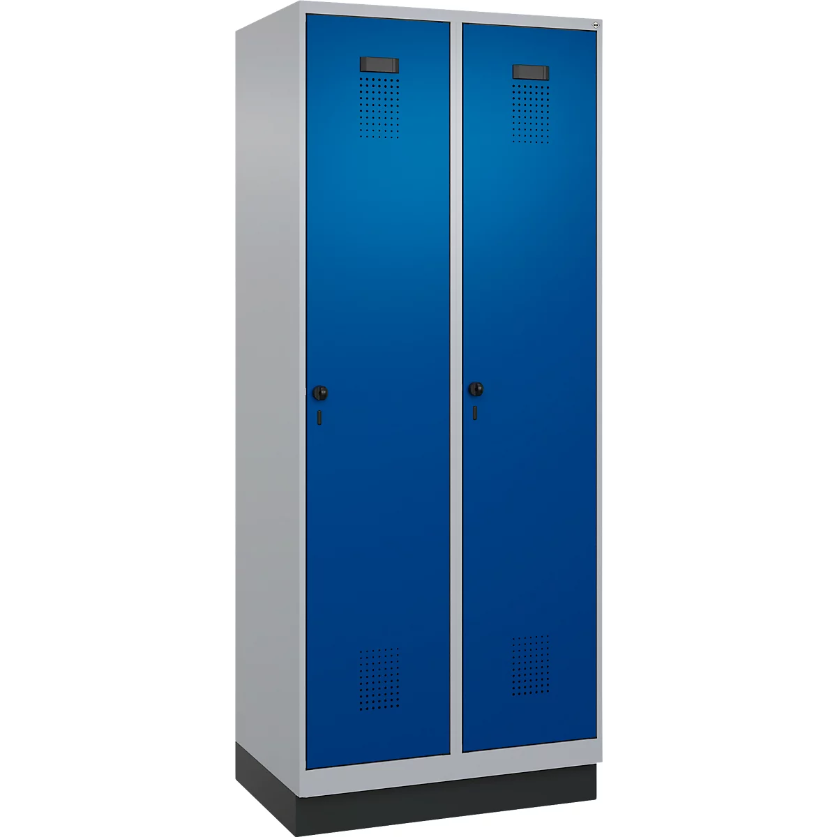 Vestiaire C+P Evolo Plus, 2 compartiments, largeur des compartiments 400 mm, avec socle, charnières à droite, L 800 x P 500 x H 1950 mm, verrou tournant, aluminium blanc/bleu enzyme
