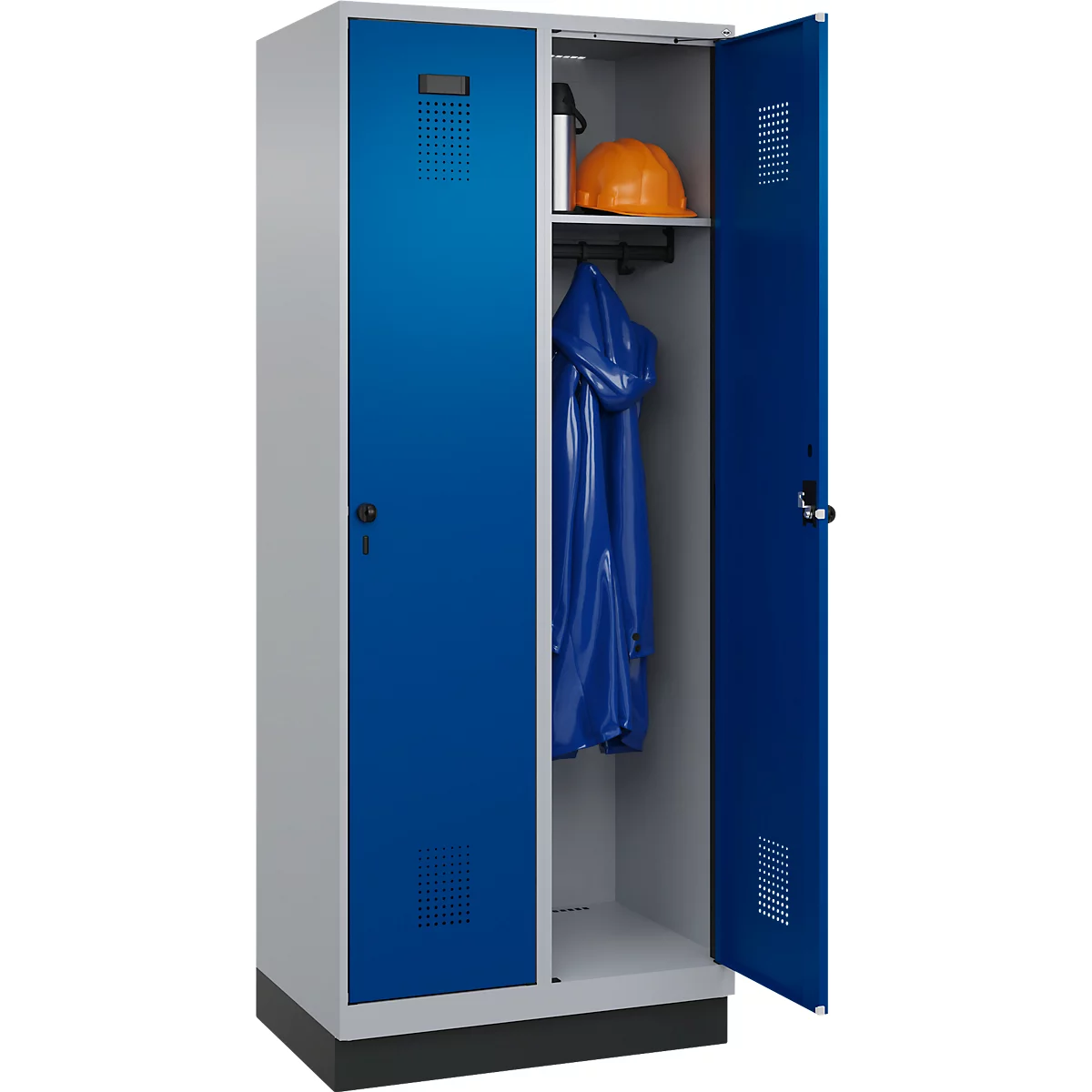 Vestiaire C+P Evolo Plus, 2 compartiments, largeur des compartiments 400 mm, avec socle, charnières à droite, L 800 x P 500 x H 1950 mm, verrou tournant, aluminium blanc/bleu enzyme