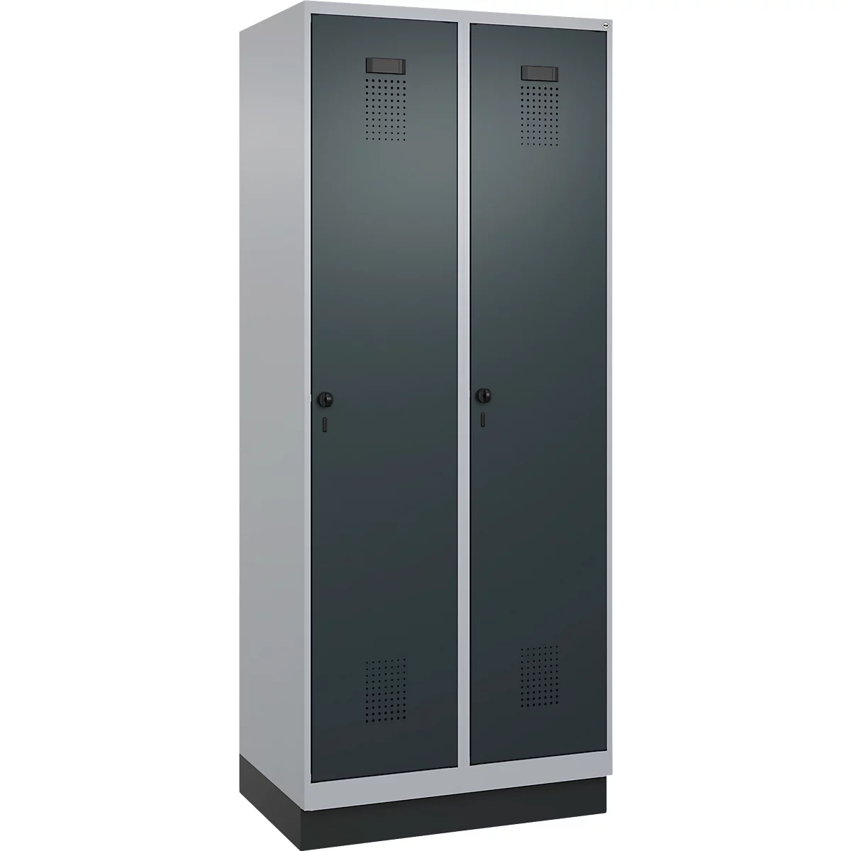 Vestiaire C+P Evolo Plus, 2 compartiments, largeur des compartiments 400 mm, avec socle, charnières à droite, L 800 x P 500 x H 1950 mm, verrou tournant, blanc aluminium/gris anthracite