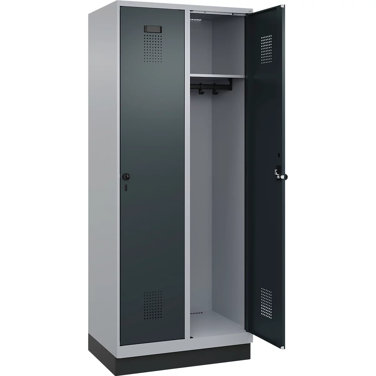 Vestiaire C+P Evolo Plus, 2 compartiments, largeur des compartiments 400 mm, avec socle, charnières à droite, L 800 x P 500 x H 1950 mm, verrou tournant, blanc aluminium/gris anthracite
