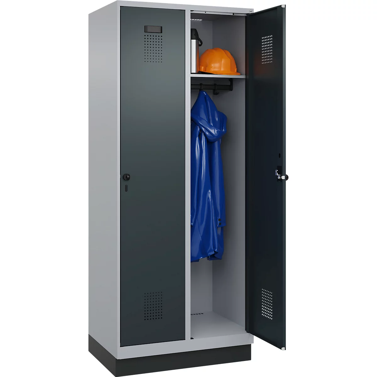 Vestiaire C+P Evolo Plus, 2 compartiments, largeur des compartiments 400 mm, avec socle, charnières à droite, L 800 x P 500 x H 1950 mm, verrou tournant, blanc aluminium/gris anthracite