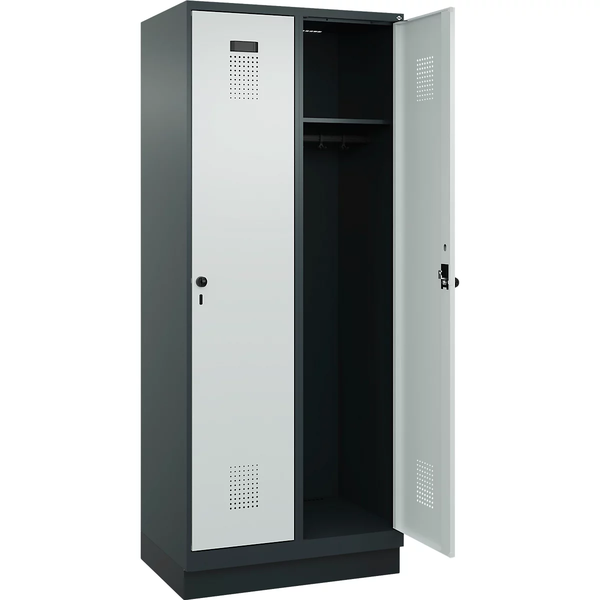 Vestiaire C+P Evolo Plus, 2 compartiments, largeur des compartiments 400 mm, avec socle, charnières à droite, L 800 x P 500 x H 1950 mm, verrou tournant, gris anthracite/gris clair