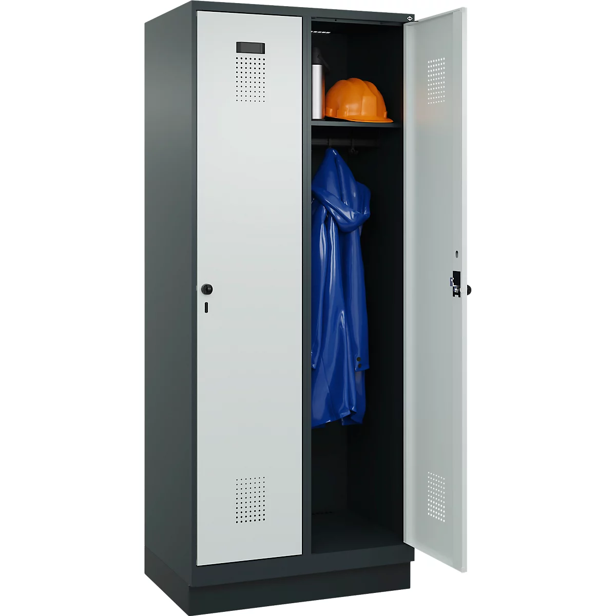 Vestiaire C+P Evolo Plus, 2 compartiments, largeur des compartiments 400 mm, avec socle, charnières à droite, L 800 x P 500 x H 1950 mm, verrou tournant, gris anthracite/gris clair