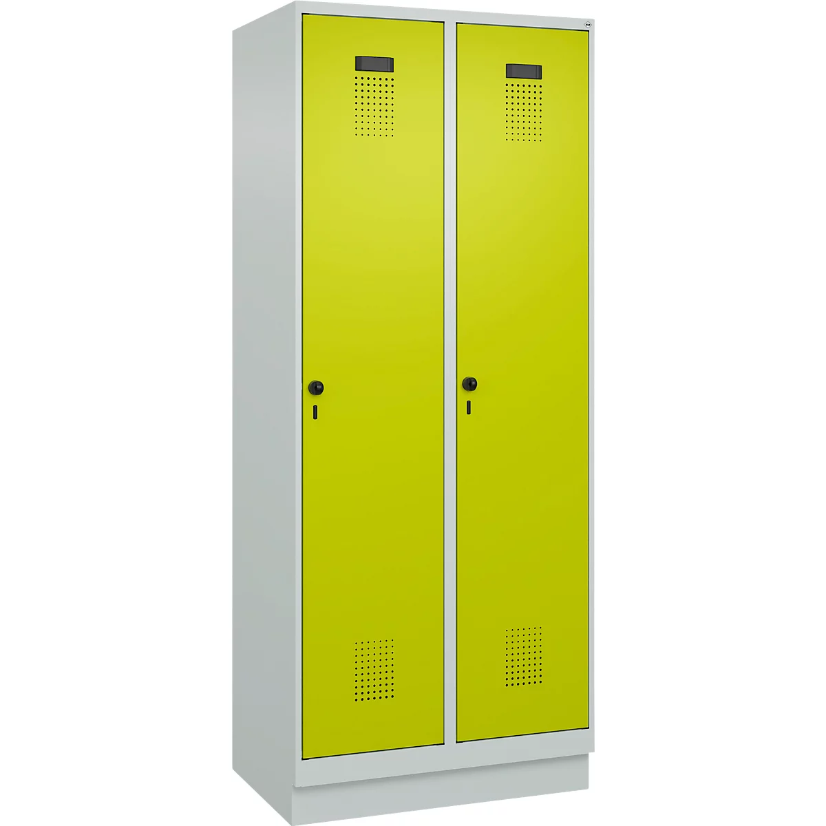Vestiaire C+P Evolo Plus, 2 compartiments, largeur des compartiments 400 mm, avec socle, charnières à droite, L 800 x P 500 x H 1950 mm, verrou tournant, gris clair/vert clown